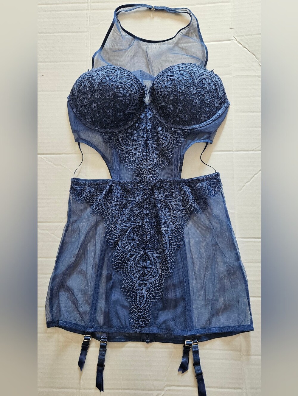 Victoria’s Secret 36C Blue Lace Mesh Corset Garter Slip Bustier Lingerie
